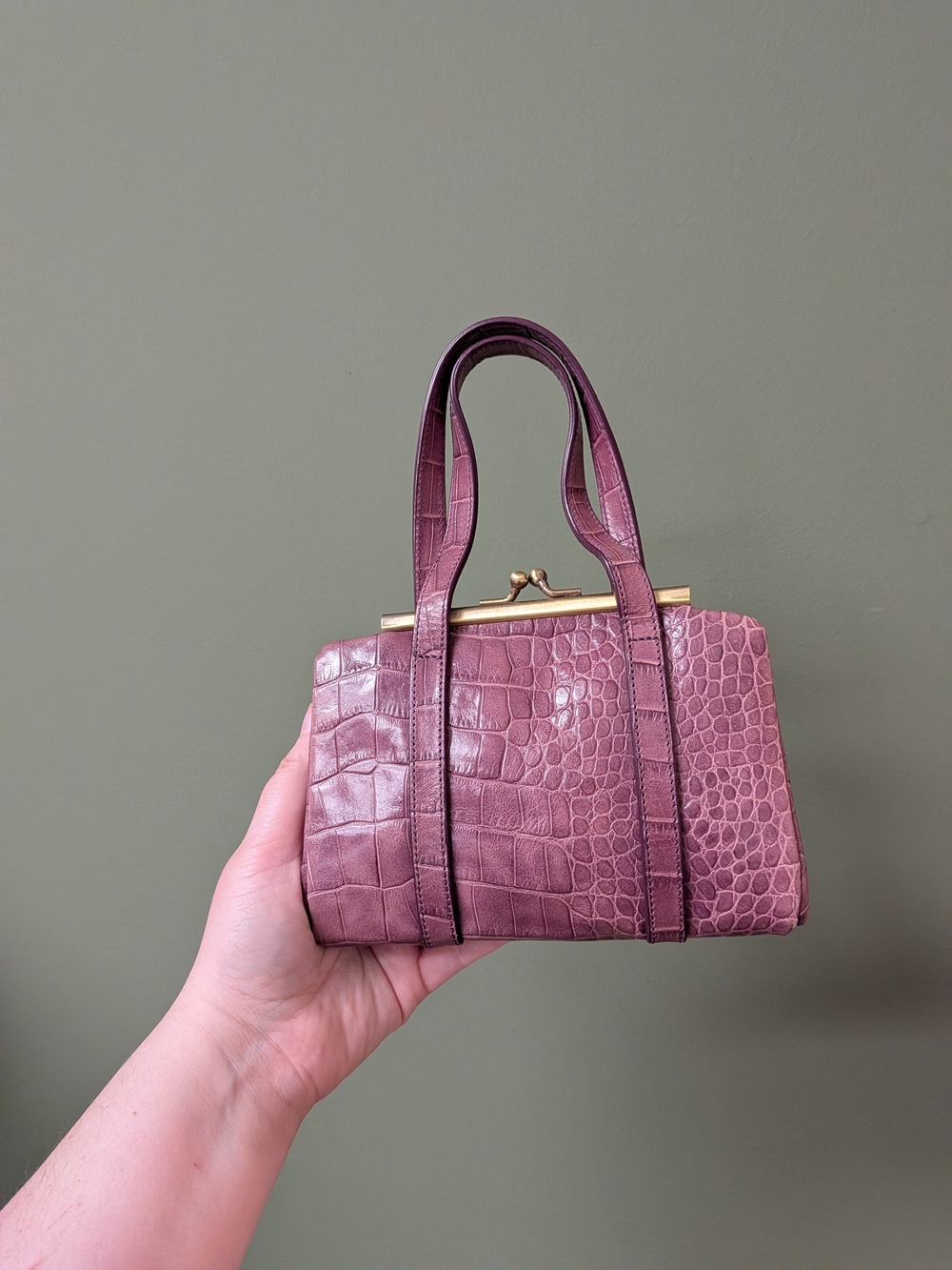 Club Monaco Croc-Embossed Purple Top-Handle Kisslock Mini Bag - Picture 3 of 12